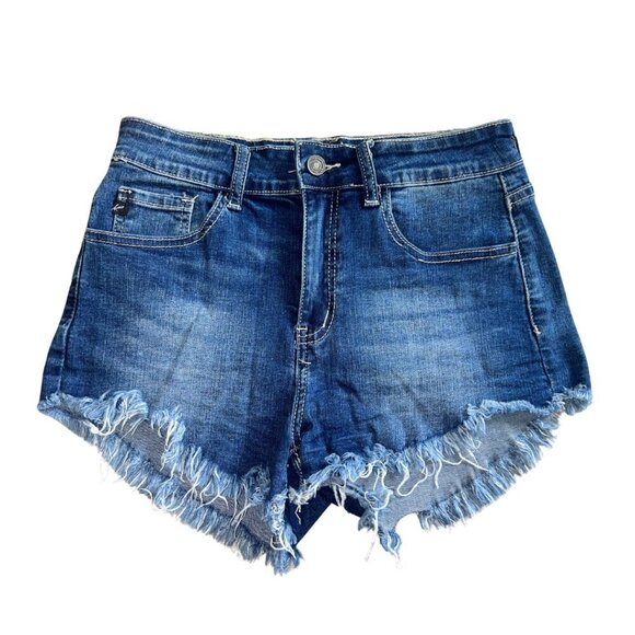 Dark Blue Kancan Distressed Cut Off Cheeky Denim Shorts Size 7 / 27 - Picture 1 of 12